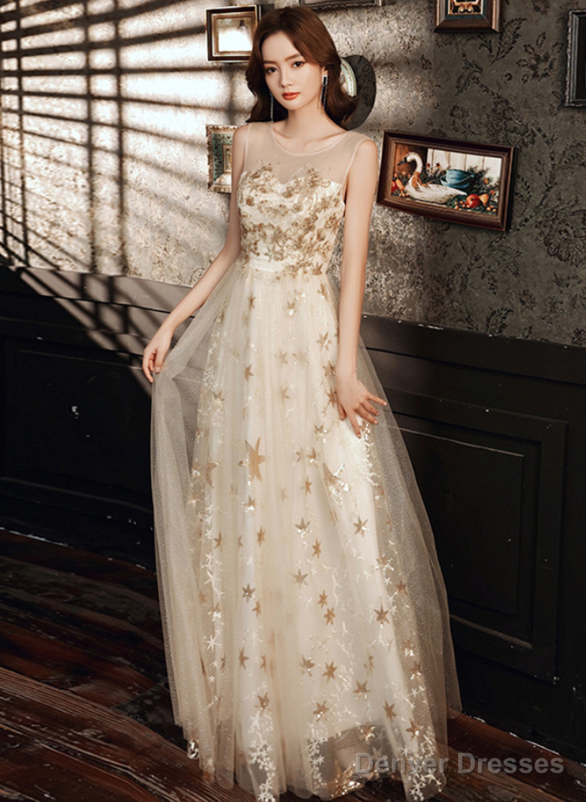 A-Line Tulle Round Neckline Champagne Prom Dress, Champagne Evening Dress Main image