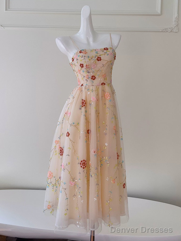 A-Line Tulle Sequin Beads Champagne Tea Length Prom Dress, Champagne Homecoming Dress Main image