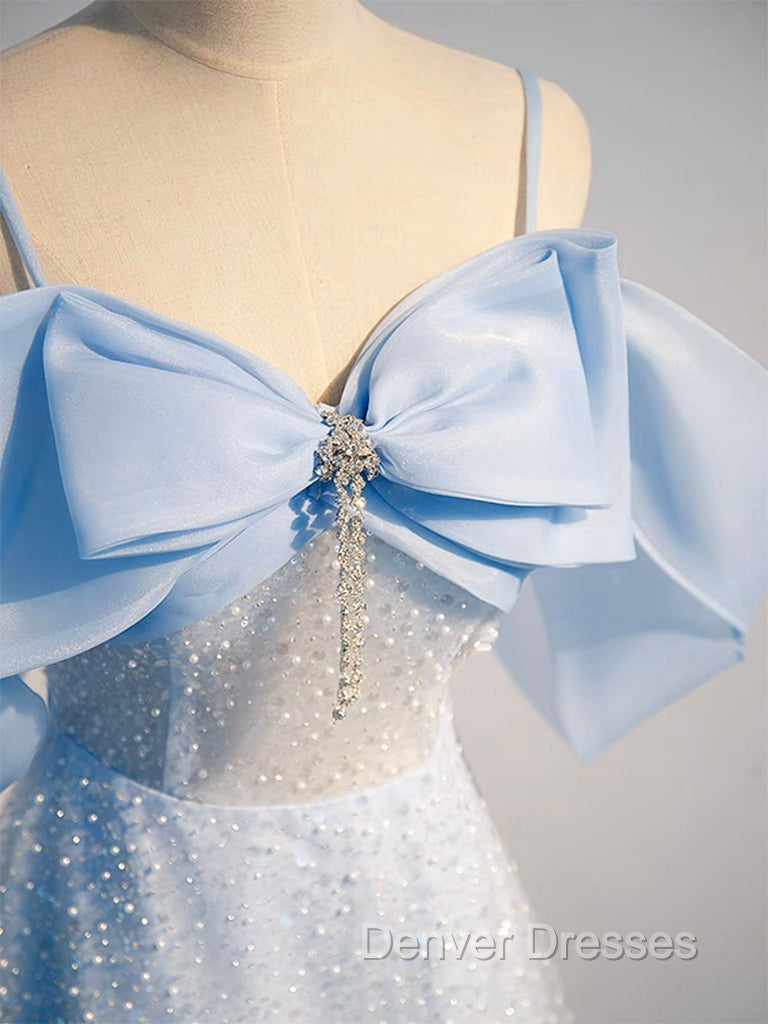 A-Line Tulle Sequin Blue Long Prom Dress, Blue Long Formal Dress Secondary image