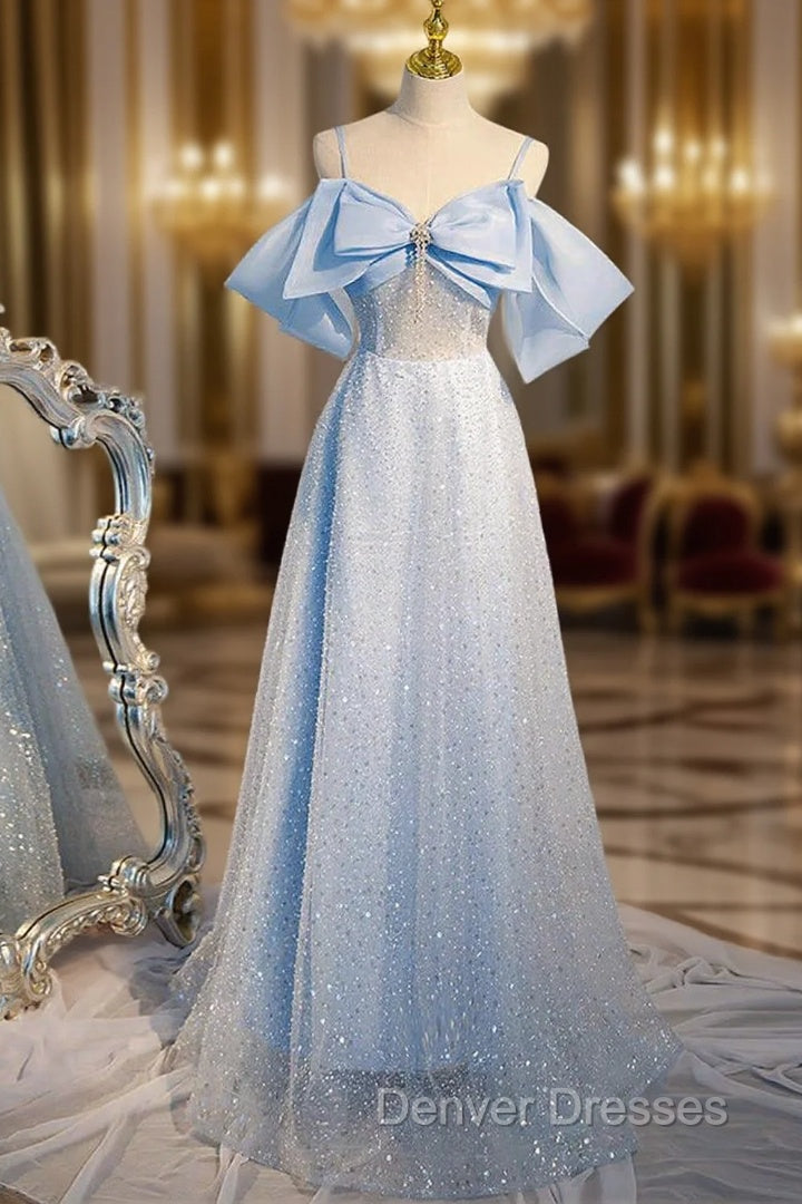 A-Line Tulle Sequin Blue Long Prom Dress, Blue Long Formal Dress Main image