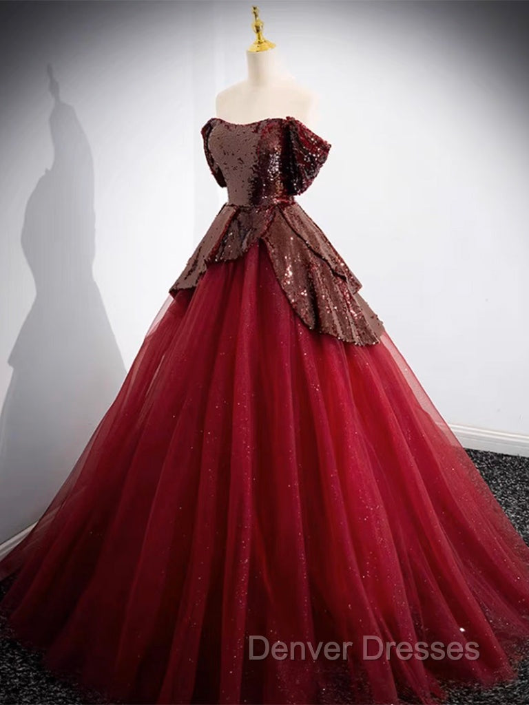 A-Line Tulle Sequin Burgundy Long Prom Dress, Off Shoulder Burgundy Formal Dress Secondary image
