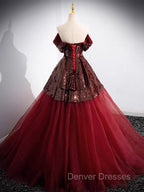 A-Line Tulle Sequin Burgundy Long Prom Dress, Off Shoulder Burgundy Formal Dress