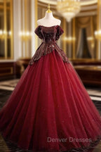 A-Line Tulle Sequin Burgundy Long Prom Dress, Off Shoulder Burgundy Formal Dress