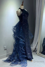 A-Line Tulle Sequin Dark Blue Long Prom Dress, Dark Blue Long Formal Dress