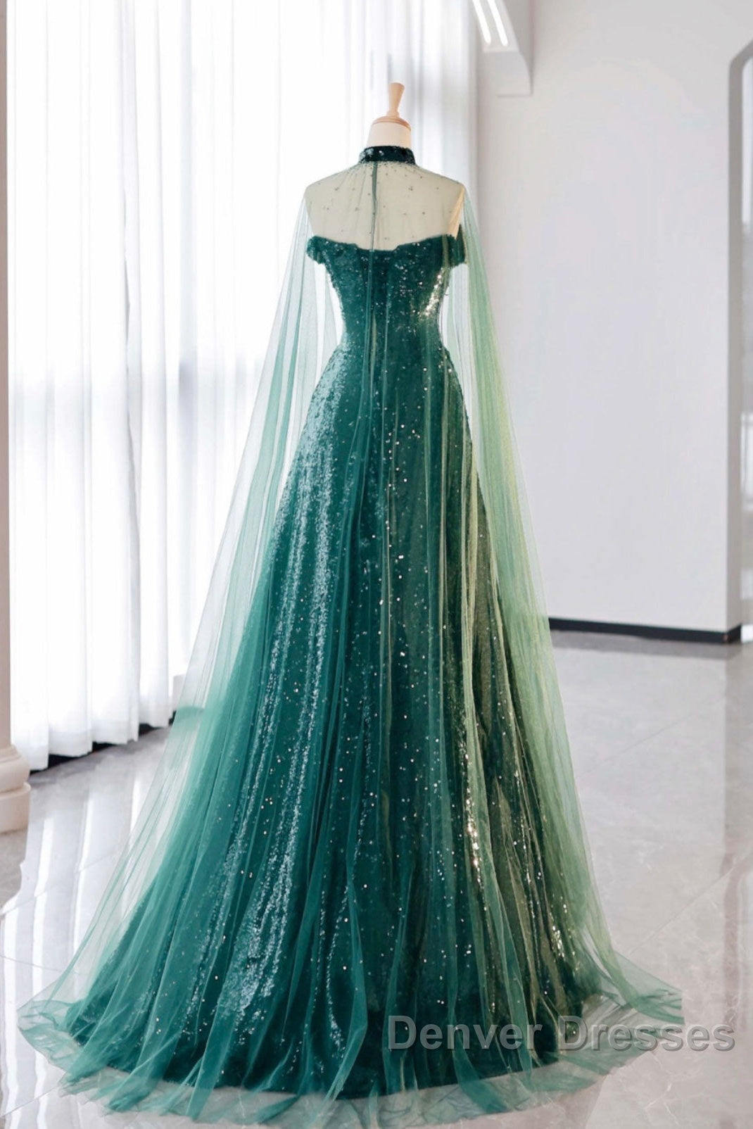 A-Line Tulle Sequin Green Long Prom Dress, Green Formal Evening  Dress Secondary image