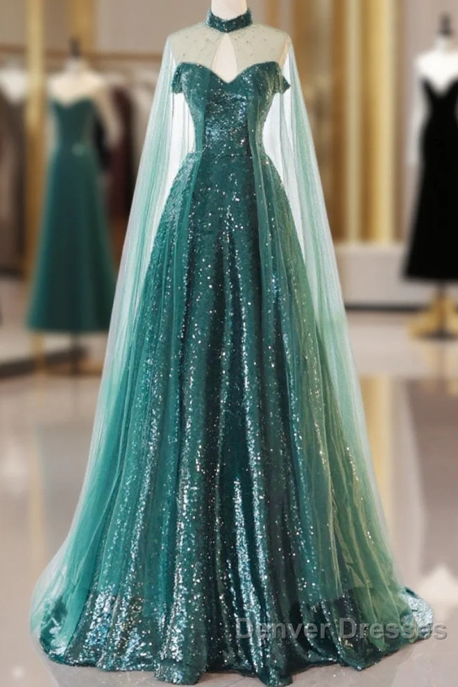 A-Line Tulle Sequin Green Long Prom Dress, Green Formal Evening  Dress Main image