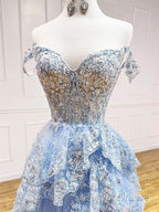 A-Line Tulle Sequin Lace Blue Long Prom Dress, Blue Long Formal Dress