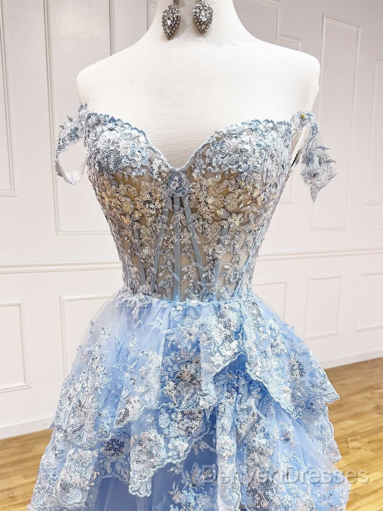 A-Line Tulle Sequin Lace Blue Long Prom Dress, Blue Long Formal Dress