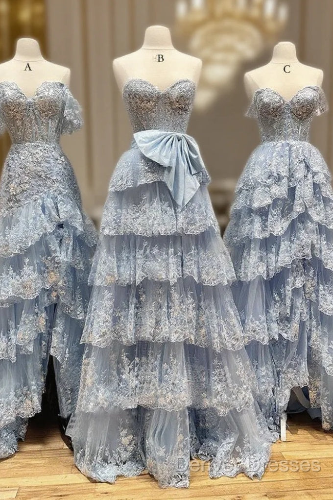 A-Line Tulle Sequin Lace Blue Long Prom Dress, Blue Long Formal Dress Main image