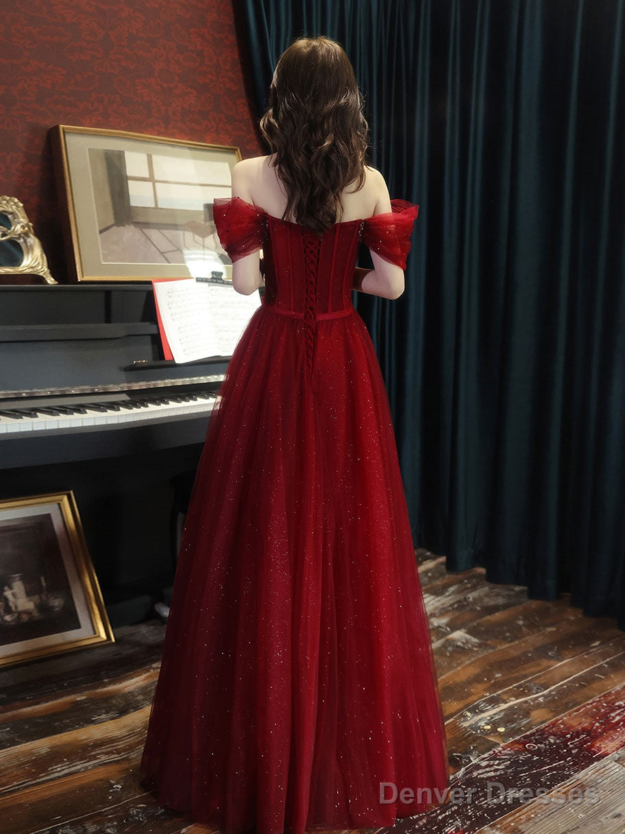 A Line Tulle Sequin Long Prom Dress Burgundy Tulle Formal Party Dress