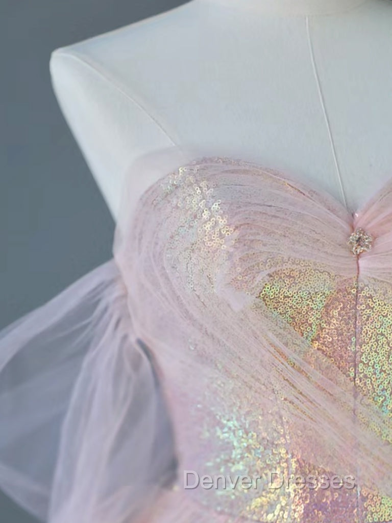 A-Line Tulle Sequin Pink Long Prom Dress, Pink Tulle Long Formal Dress Secondary image