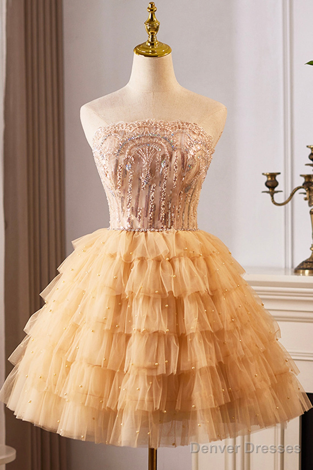 A-Line Tulle Sequins Knee Length Party Dress, Lovely Strapless Prom Evening Dress Main image