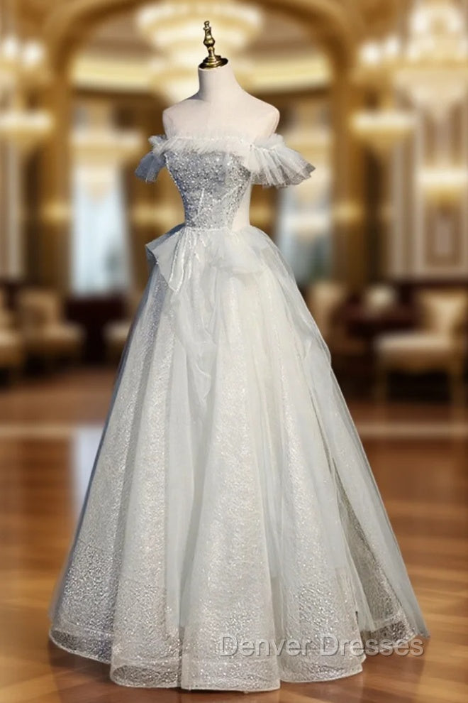 A-Line Tulle Sequins Long Prom Dress, Off the Shoulder Evening Dress