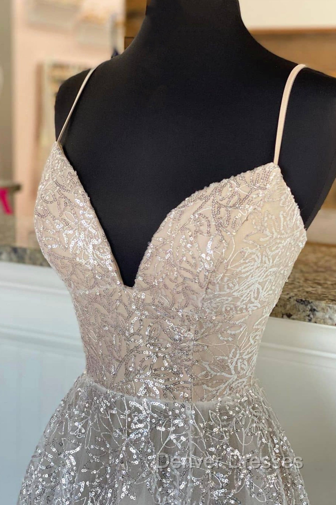 A-Line Tulle Sequins Long Prom Dress, Spaghetti Strap Backless Evening Dress Secondary image