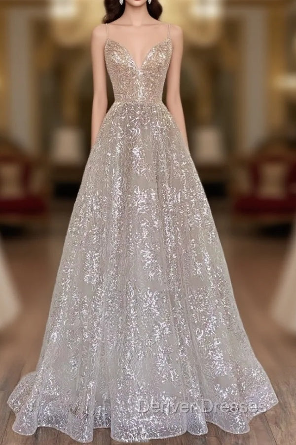 A-Line Tulle Sequins Long Prom Dress, Spaghetti Strap Backless Evening Dress Main image