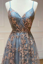 A-Line Tulle Sequins Long Prom Dress, V-Neck Backless Evening Dress