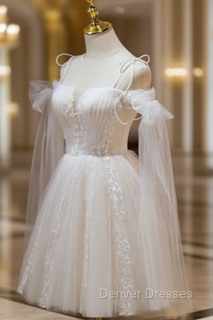 A Line Tulle Short Champagne Prom Dress, Off Shoulder Lace Puffy Homecoming Dress Main image