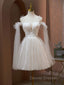 A Line Tulle Short Champagne Prom Dress, Off Shoulder Lace Puffy Homecoming Dress