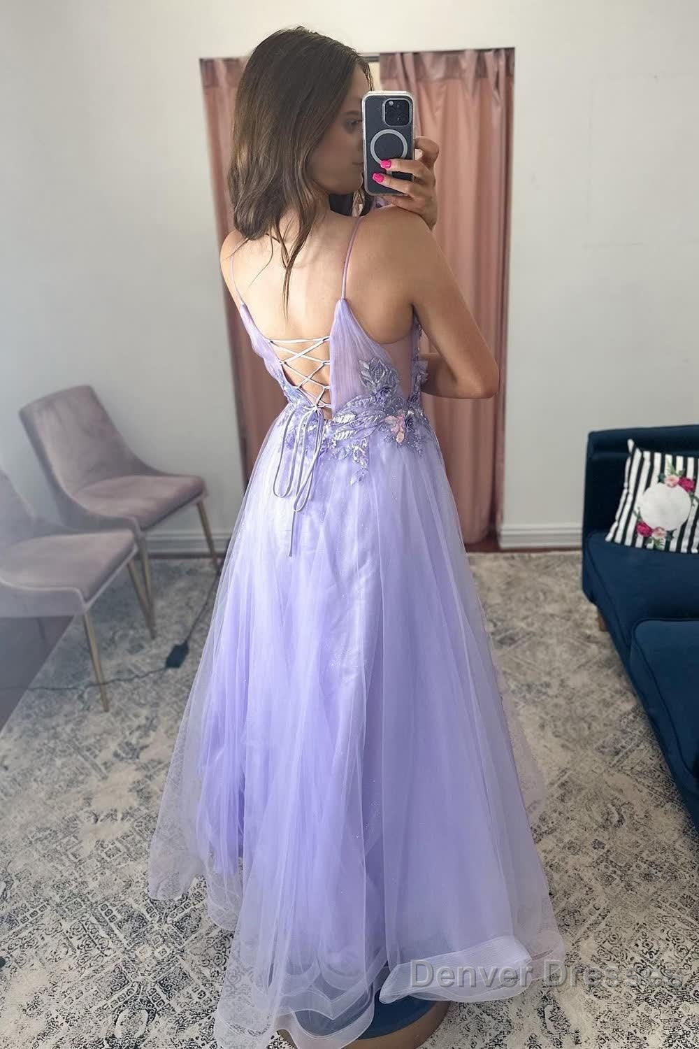 A-Line Tulle Spaghetti Straps Lilac Long Prom Dress with Appliques Secondary image