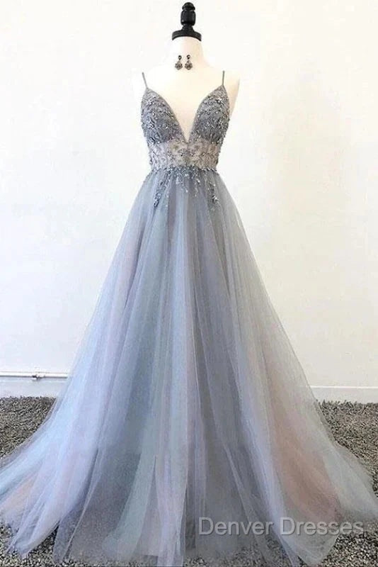 A Line Tulle Spaghetti Straps V Neck Appliques Long Prom Dress Beautiful