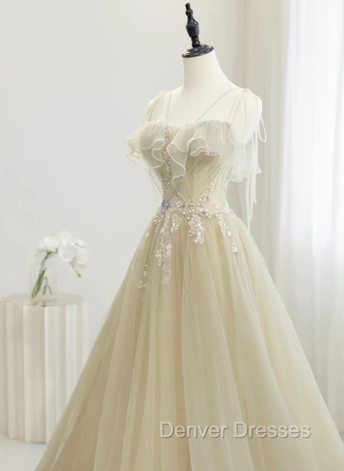 A-Line Tulle Straps Beaed Lace Long Formal Dress, Tulle Evening Dress Prom Dress Secondary image