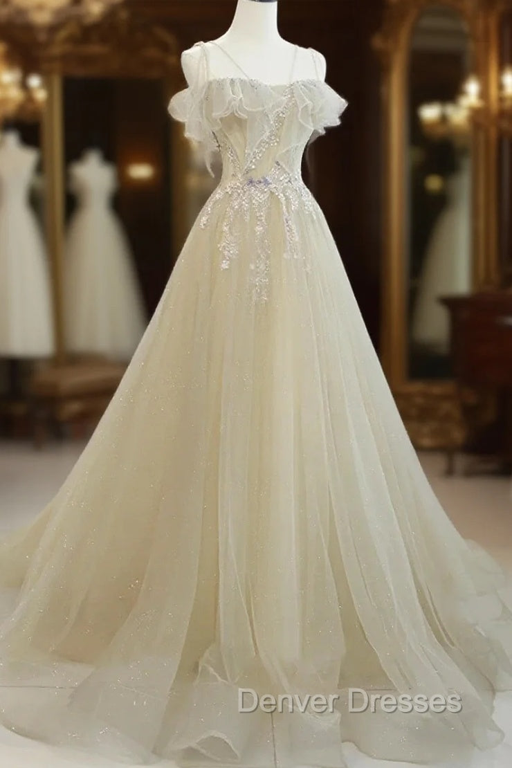 A-Line Tulle Straps Beaed Lace Long Formal Dress, Tulle Evening Dress Prom Dress Main image