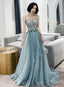 A-Line Tulle Straps Long Blue Floor Length Party Dress, Blue Evening Dress Prom Dress