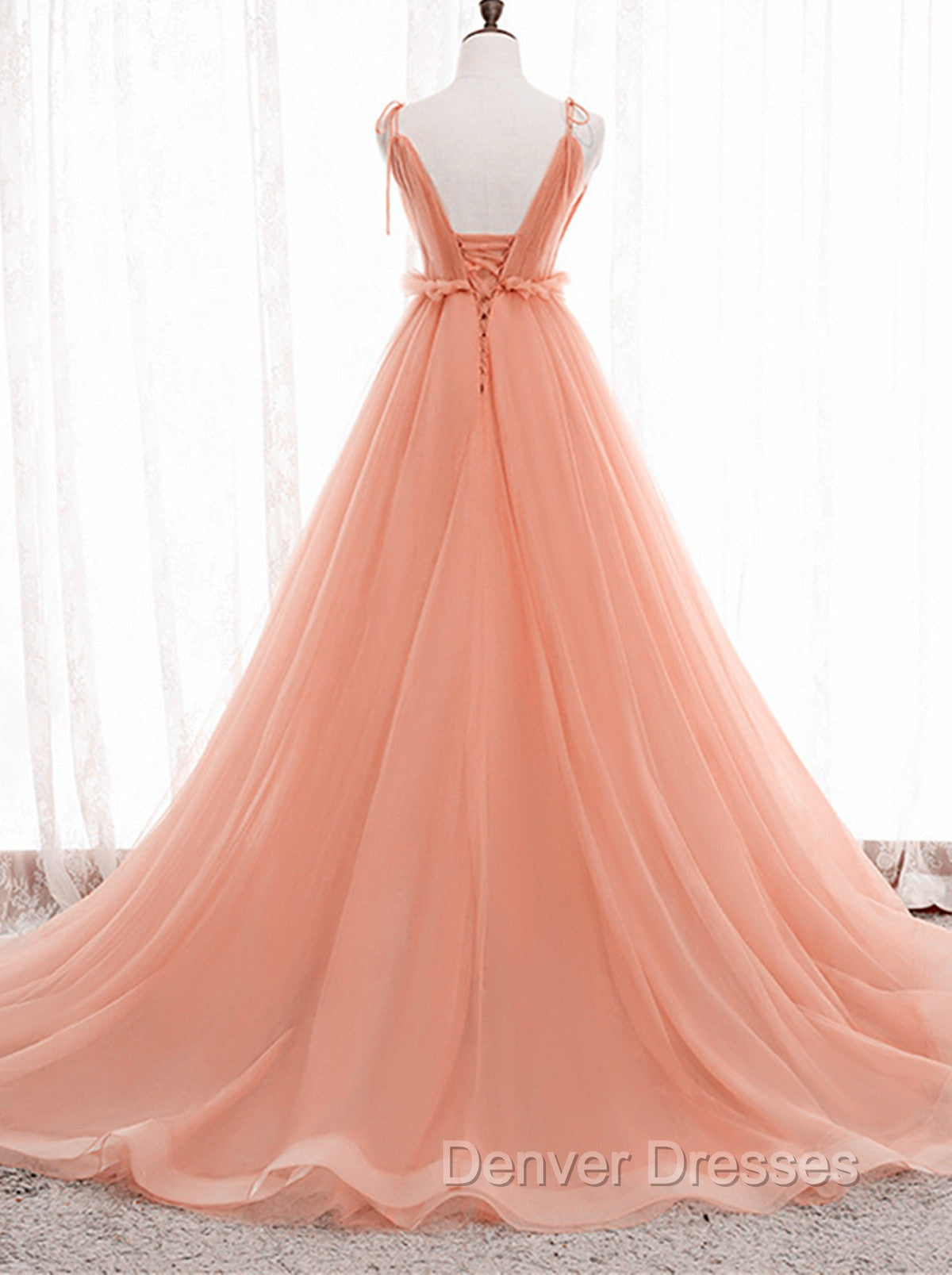 A-line Tulle Straps Low Back Long Wedding Party Dress, Pink Tulle Long Prom Dress