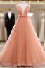 A-line Tulle Straps Low Back Long Wedding Party Dress, Pink Tulle Long Prom Dress