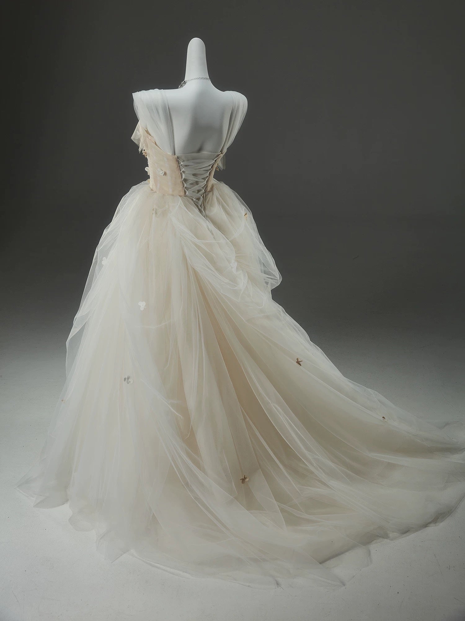 A-Line Tulle Sweep Train Champagne Long Prom Dress With Applique