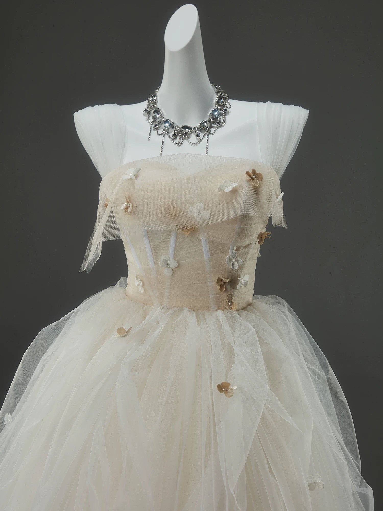 A-Line Tulle Sweep Train Champagne Long Prom Dress With Applique