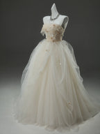 A-Line Tulle Sweep Train Champagne Long Prom Dress With Applique