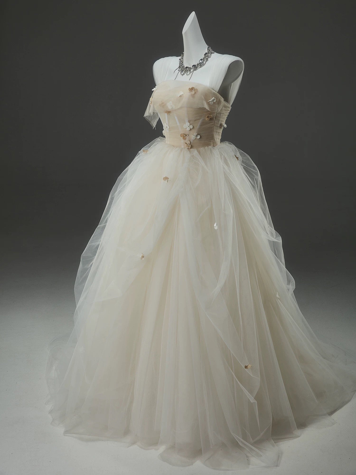A-Line Tulle Sweep Train Champagne Long Prom Dress With Applique