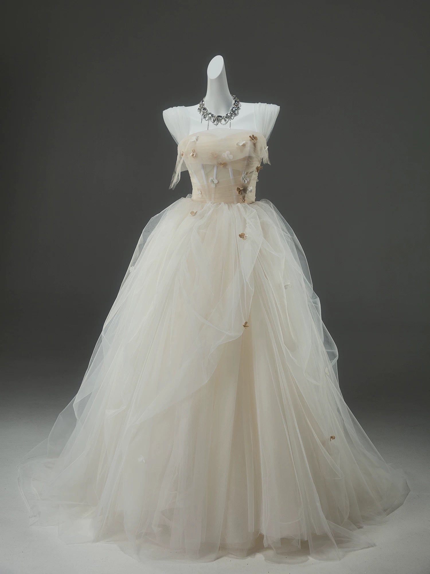 A-Line Tulle Sweep Train Champagne Long Prom Dress With Applique Main image
