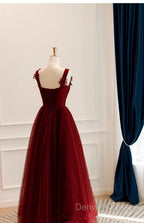 A-Line Tulle Sweetheart Straps Long Formal Dress, Wine Red Evening Dress Prom Dress