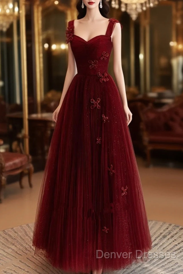 A-Line Tulle Sweetheart Straps Long Formal Dress, Wine Red Evening Dress Prom Dress Main image