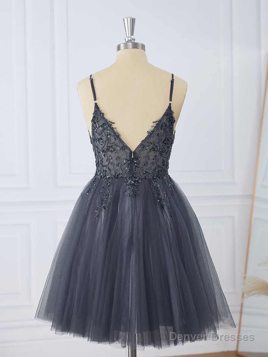 A-line Tulle V-neck Beading Short/Mini Dress