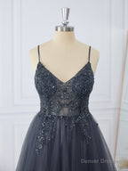 A-line Tulle V-neck Beading Short/Mini Dress