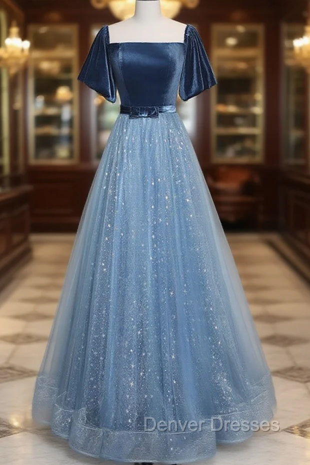A-Line Tulle Velvet Blue Long Prom Dress, Blue Tulle Formal Dress Main image