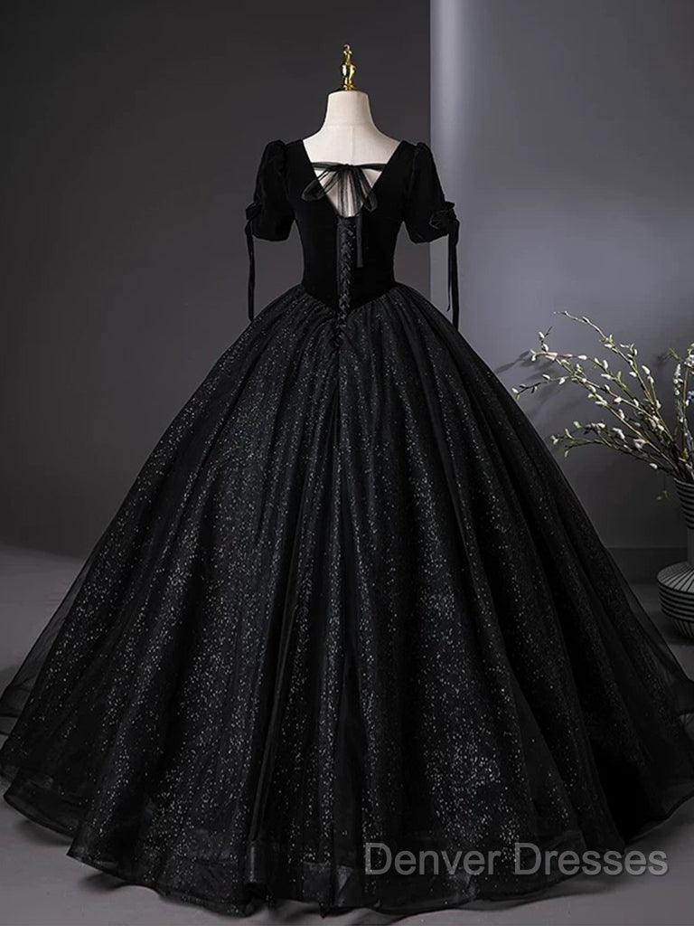A-Line Tulle Velvet Sequin Black Long Prom Dress, Black Long Evening Dress