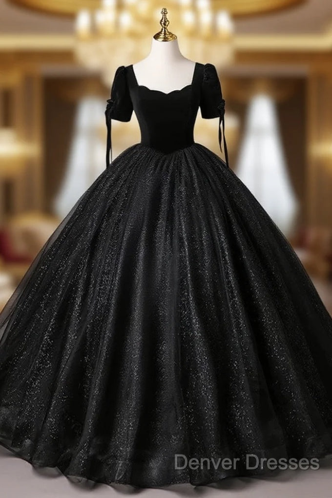 A-Line Tulle Velvet Sequin Black Long Prom Dress, Black Long Evening Dress Main image