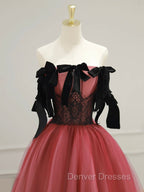 A-Line Tulle Watermelon Red Long Prom Dress, Watermelon Red Tulle Long Formal Dress
