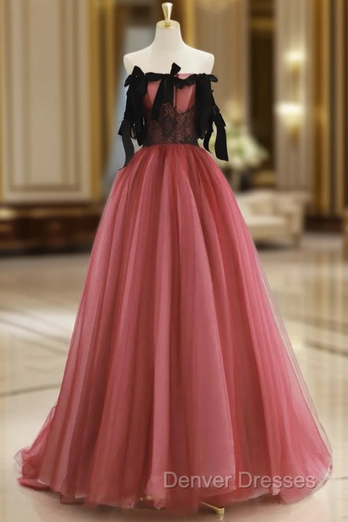 A-Line Tulle Watermelon Red Long Prom Dress, Watermelon Red Tulle Long Formal Dress Main image