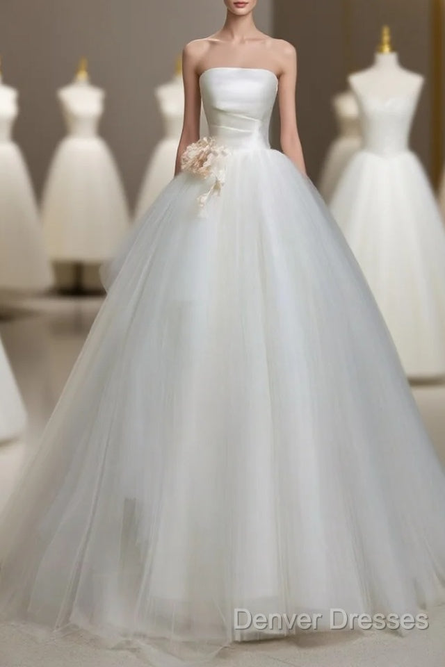 A-Line Tulle White Long Prom Dress, White Long Formal Dress Main image