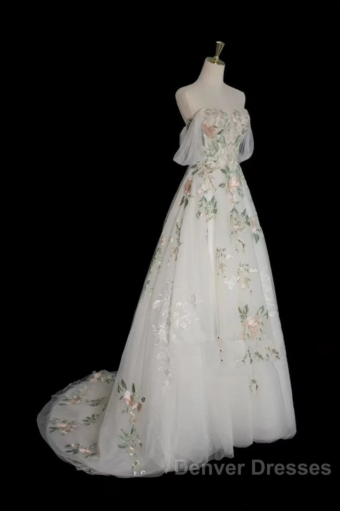 A-Line Tulle With Flower Lace White Wedding Party Dress, White Tulle Evening Dress Prom Dress