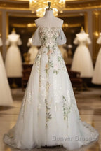 A-Line Tulle With Flower Lace White Wedding Party Dress, White Tulle Evening Dress Prom Dress