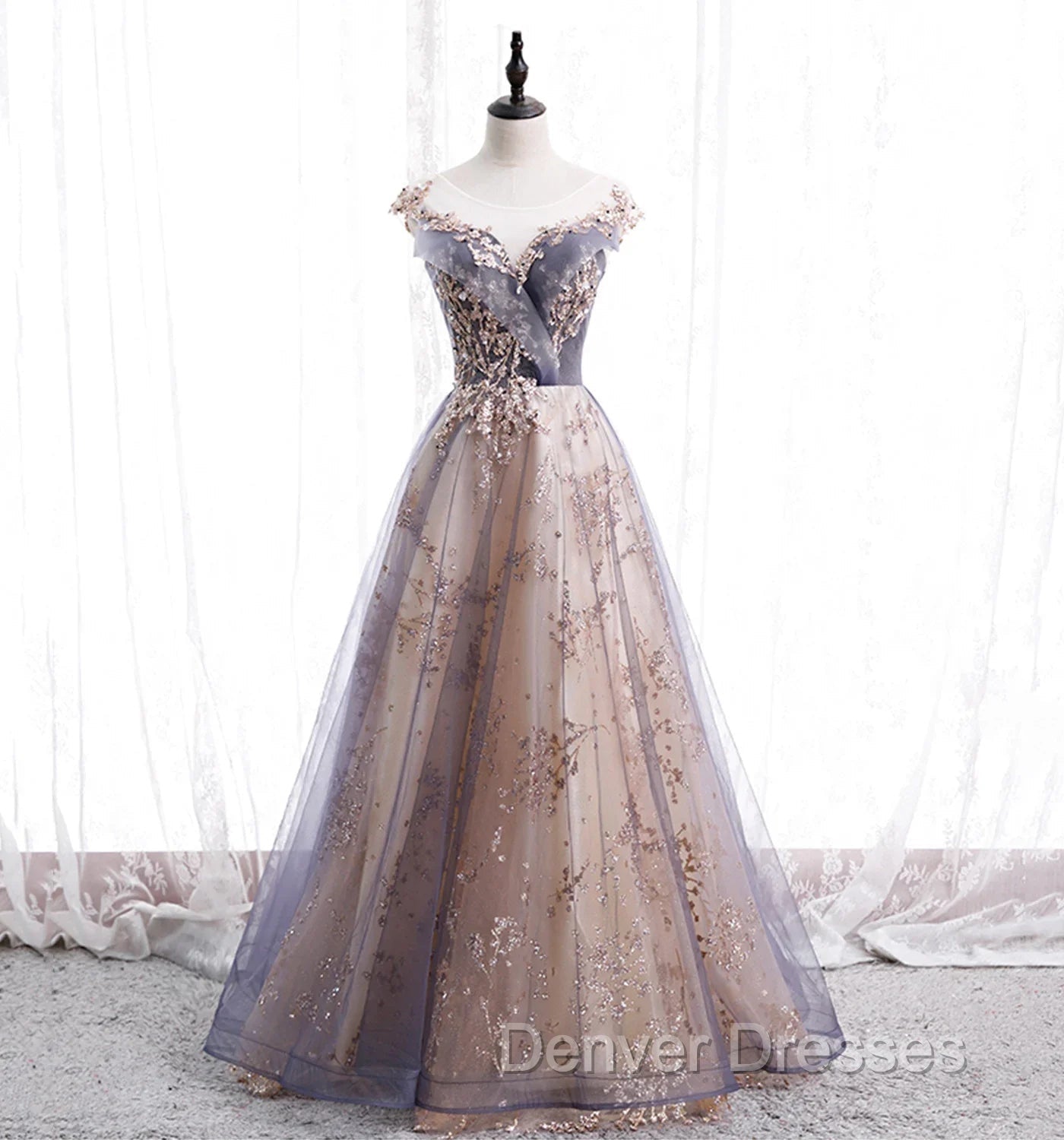 A-line Tulle with Lace Applique Party Dress Tulle Long Prom Dress prom Dress shops
