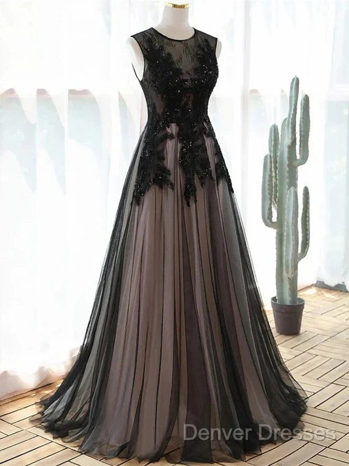 A-Line Tulle With Lace Round Neckline Floor Length Party Dress Black Prom Dress Formal Dress Secondary image