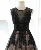 A-Line Tulle With Lace Round Neckline Floor Length Party Dress Black Prom Dress Formal Dress