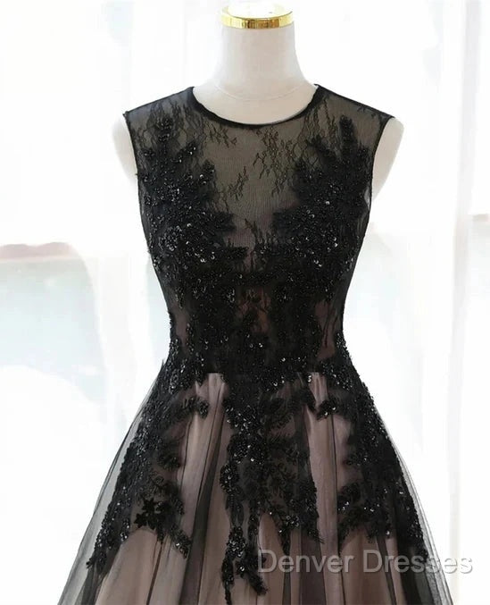 A-Line Tulle With Lace Round Neckline Floor Length Party Dress Black Prom Dress Formal Dress